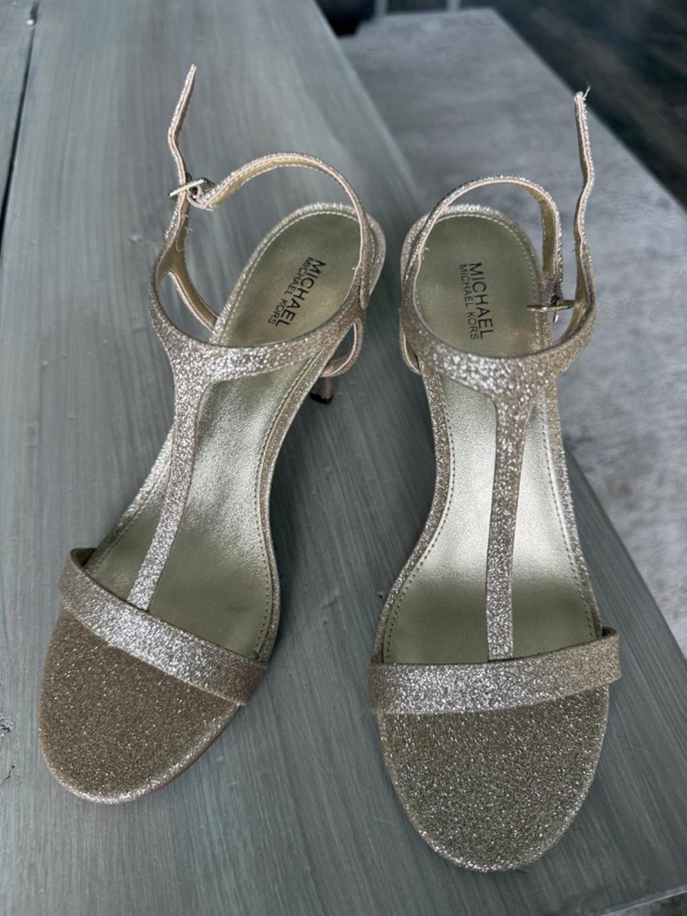 Michael Kors Glitter T-Strap Sandals in Champagne Gold